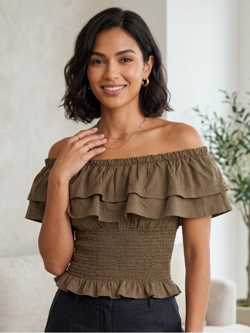 GUESS Off the Shoulder Smocked Ruffled Blouse Brown Medium